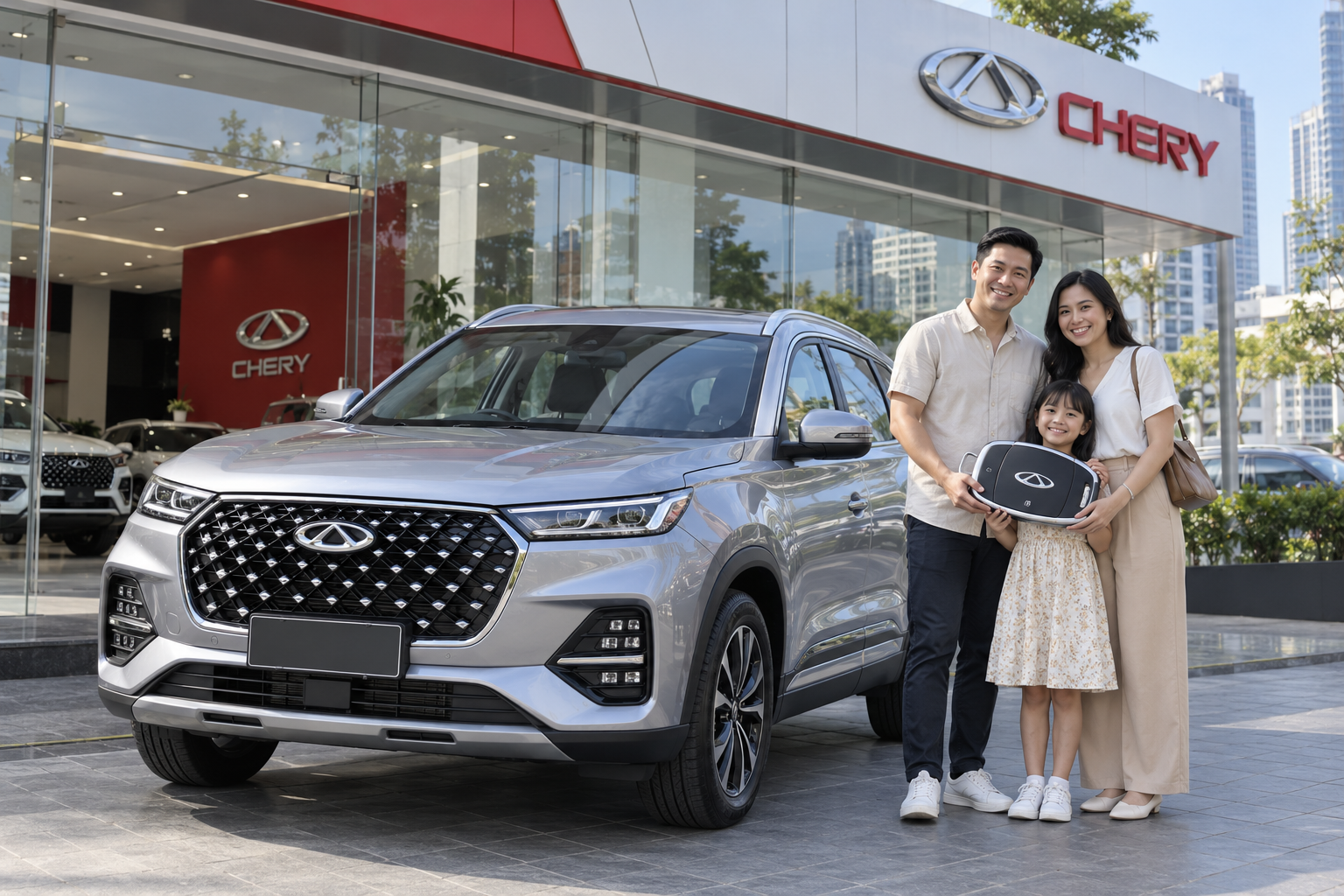 Ilustrasi sementara: Ilustrasi keluarga menerima Chery di showroom